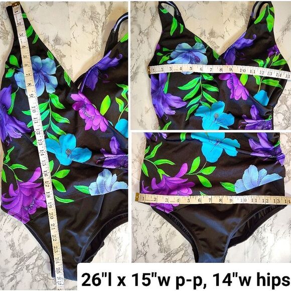 Croft & Barrow Black Purple Tropical One Piece Slimming Swimsuit Size 10 NWT - Picture 9 of 10